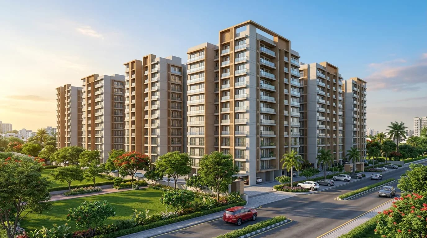 Row of modern residential towers with landscaped lawn and road