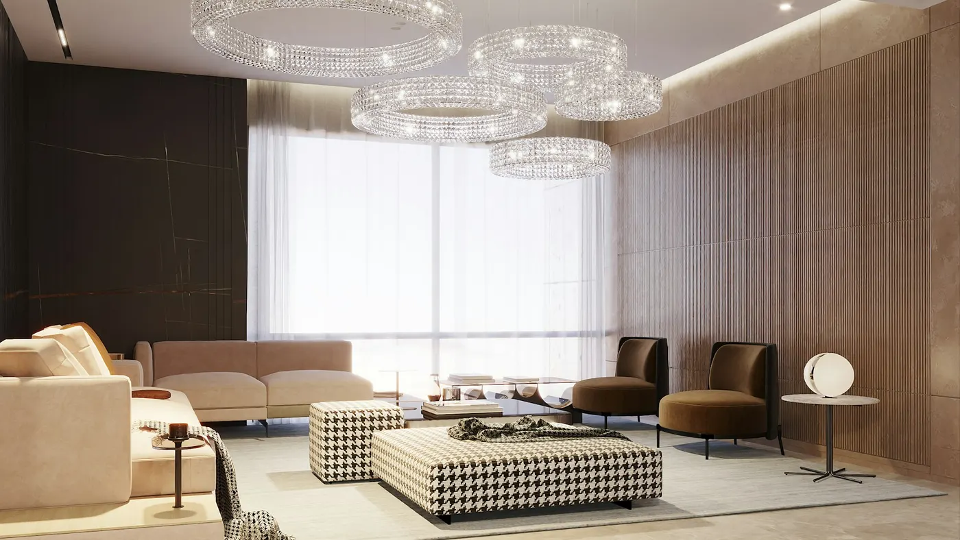 Bright living room with large windows and modern seating