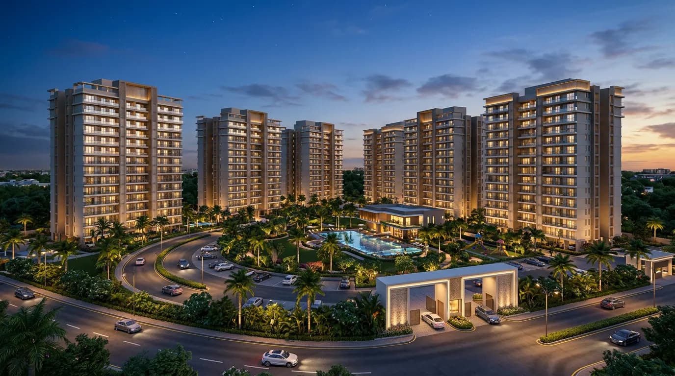 Residential society with apartment towers lit at dusk
